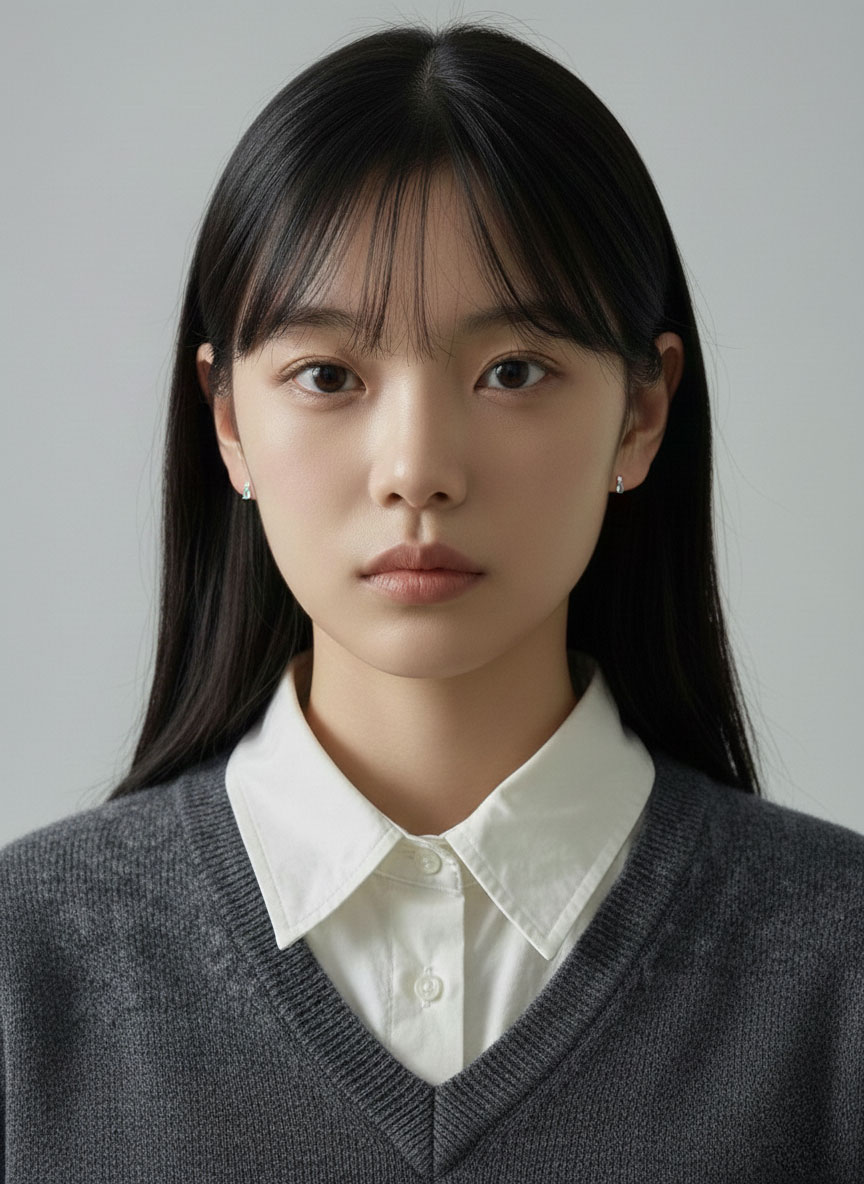 미니 귀걸이 스타일링으로 차분한 룩 포인트를 더한 스타일링 예시