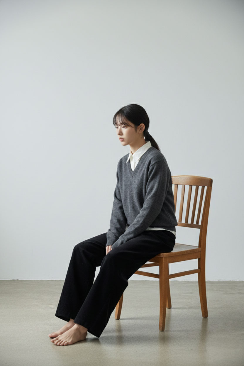 차분한 무채톤 옷차림의 모델, 미니 귀걸이 스타일링 전 기본 룩