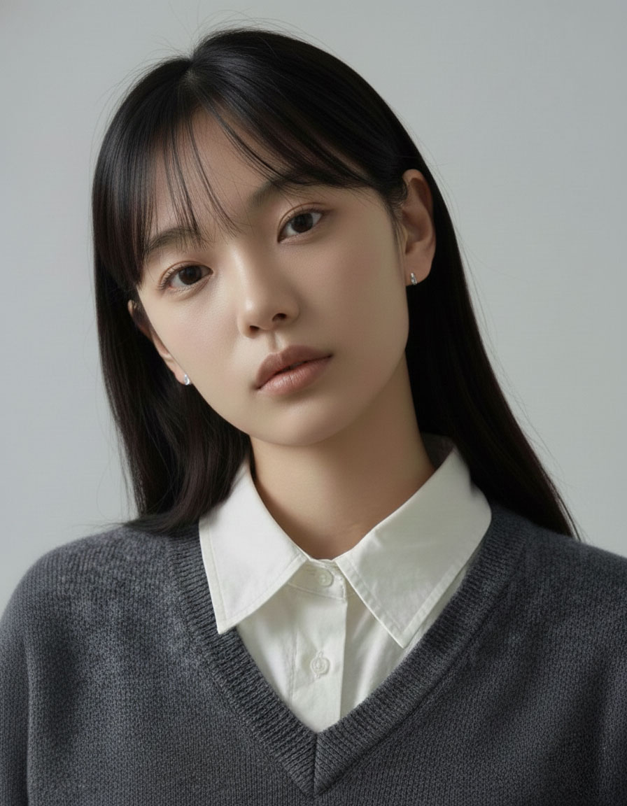 차분한 룩에 미니 귀걸이 스타일링으로 작은 포인트를 더한 무채톤 데일리 룩