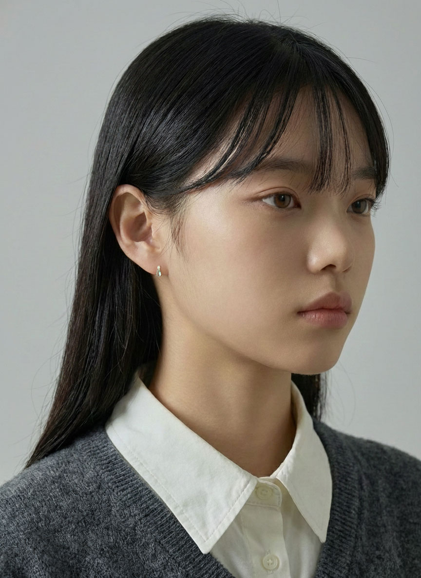 얼굴선에 자연스럽게 어우러지는 작은 귀걸이 인상