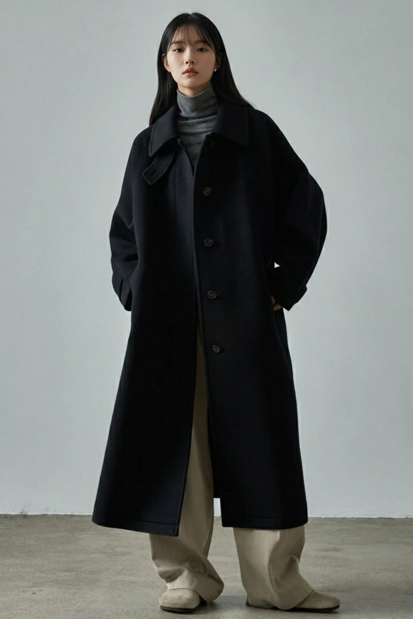 미니 귀걸이를 데일리 스타일에 매치한 전신 착용 예시