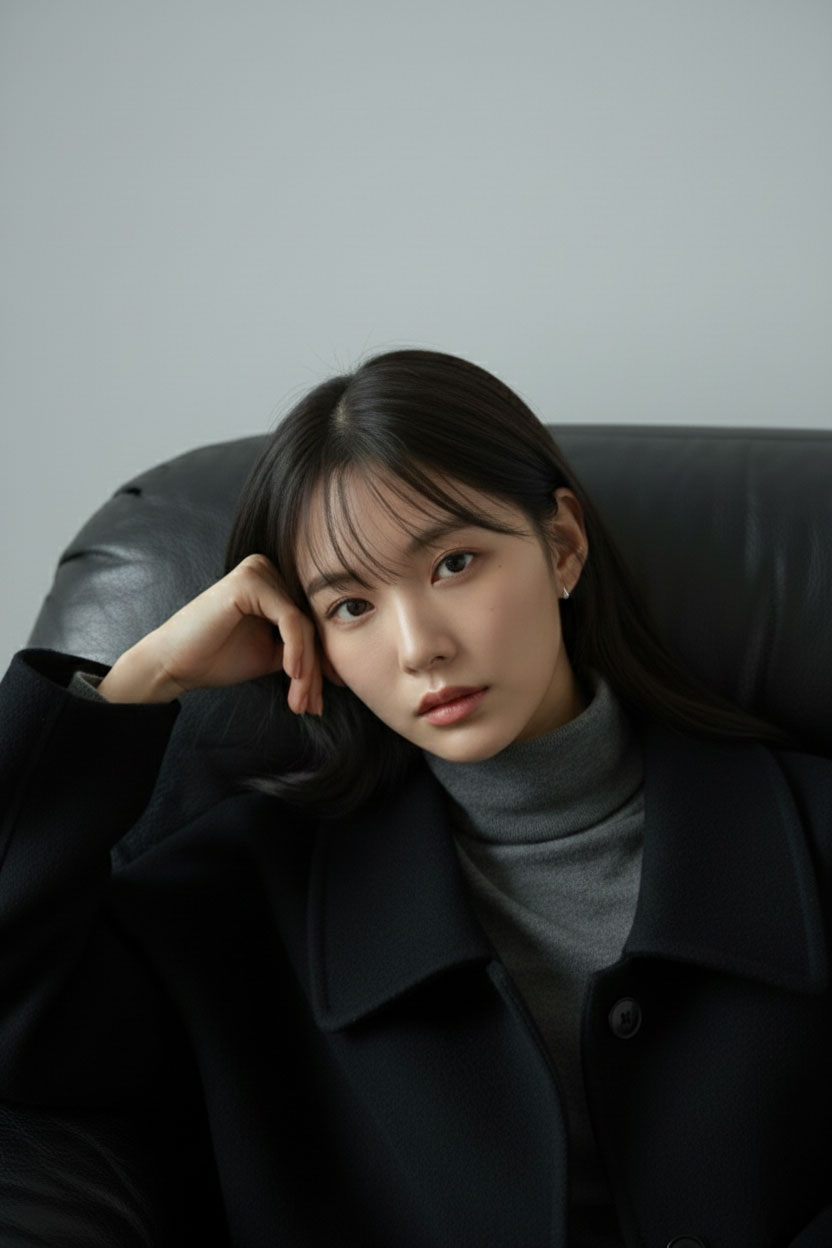 소파에 앉은 모델의 작은 귀걸이 착용 모습