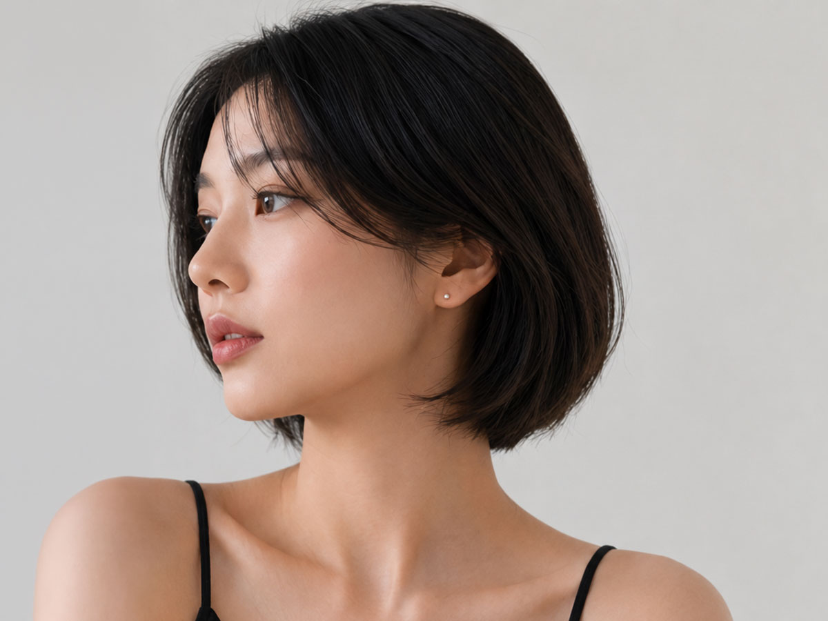 단발 헤어스타일에 작은 실버 스터드 귀걸이를 착용한 모습