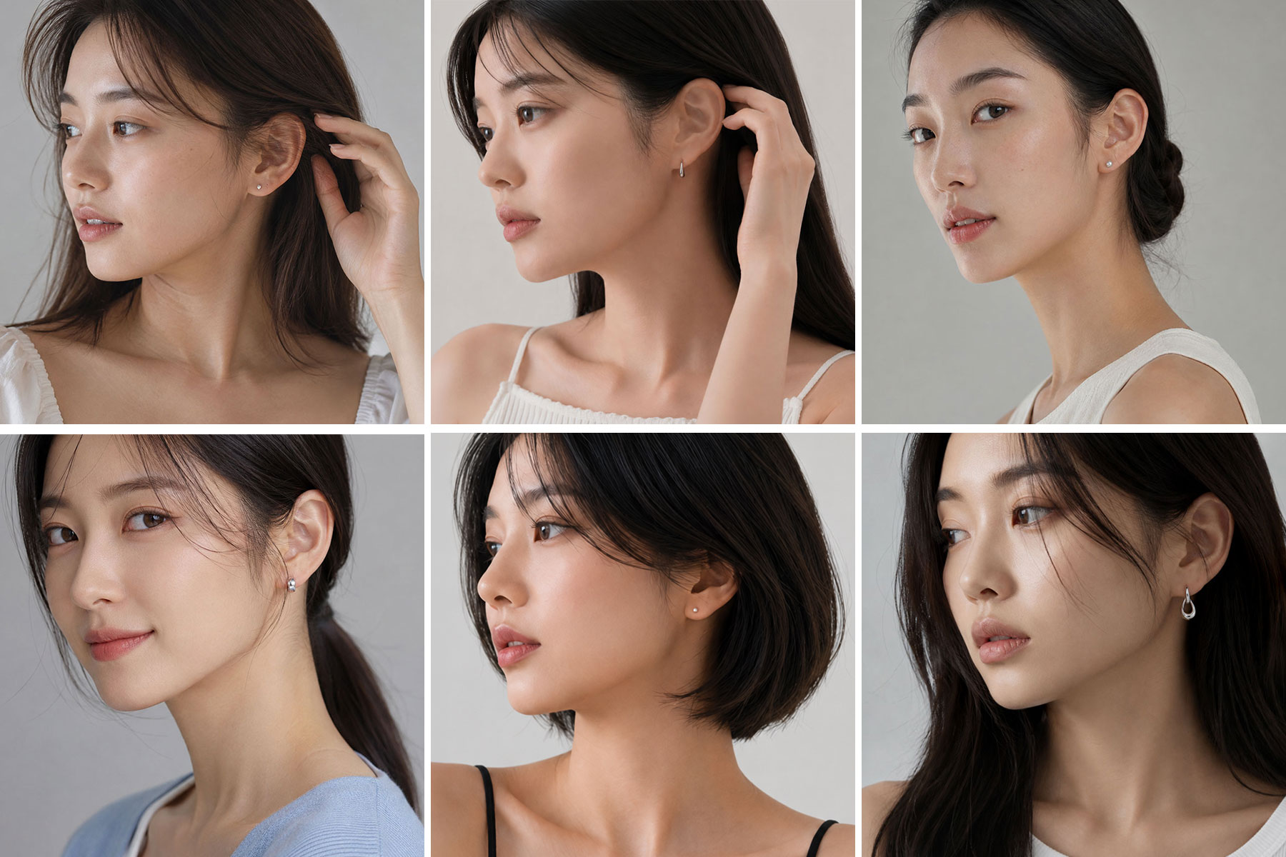 얼굴형과 헤어스타일에 따라 다양한 실버 귀걸이를 착용한 여섯 가지 모습