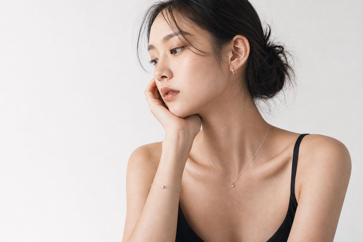 925 실버 귀걸이, 목걸이와 팔찌를 착용한 여성 모델